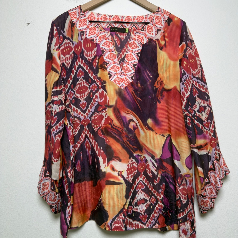 Area Women Cotton Silk Blouse XL Patchwork Ikat Abstract Bell Sleeve Lagenlook
